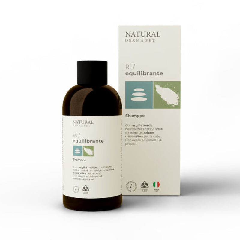 Shampoo bottle and packaging with 'Natural Derma Pet' branding on a white background