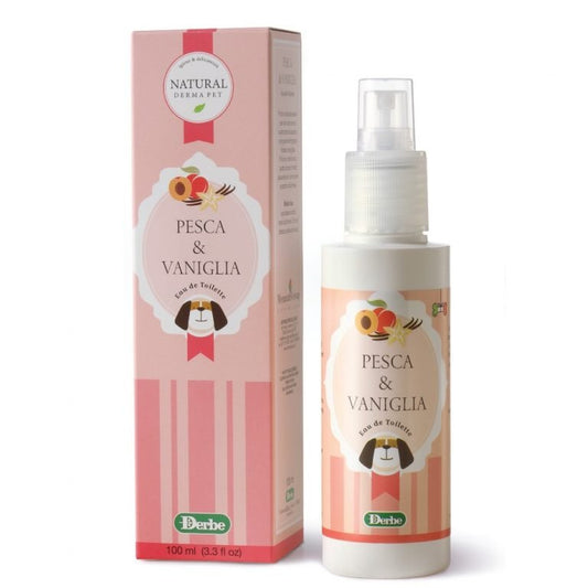 Bottle of dog and cat perfume for pets, scented with peach & vanilla 100ml